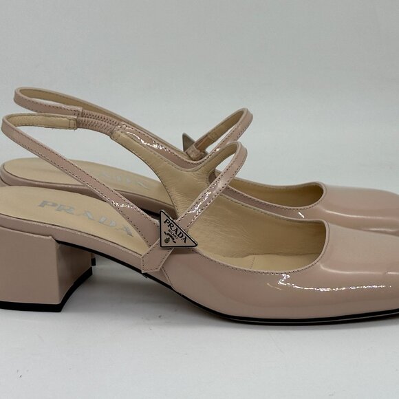 PRADA Decolette Logo Patent Leather Slingback Mary Jane Pumps Heel Sandals - Picture 7 of 15